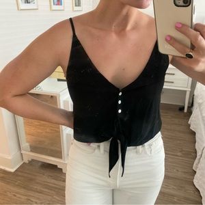Cropped tie front black tank with buttons